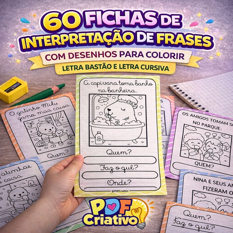 64 FICHAS DE INTERPRETAÇÃO DE FRASES COM DESENHOS PARA COLORIR